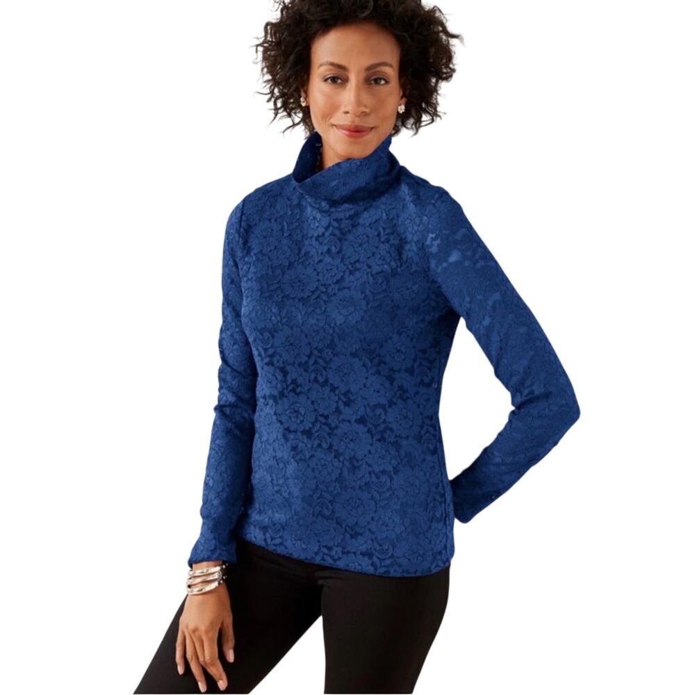 NWT Talbots Lace Turtleneck Pullover Long Sleeve Shirt Blue Lined Modern Size XS